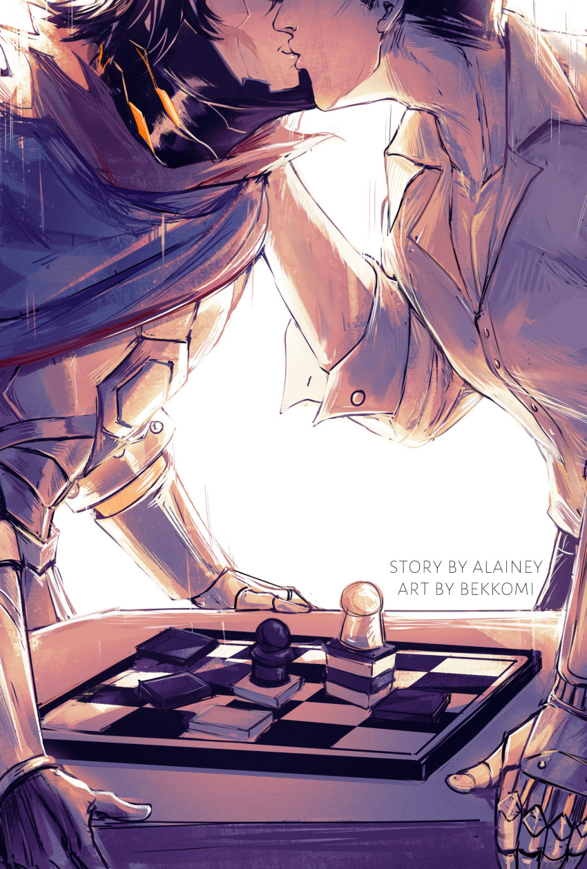 absurdres armor artist_name bekkomi board_game breastplate cape chess chessboard collarbone collared_shirt english_commentary from_side gloves grey_background highres jayce_(league_of_legends) kiss league_of_legends profile shirt short_hair simple_background viktor_(league_of_legends) yaoi