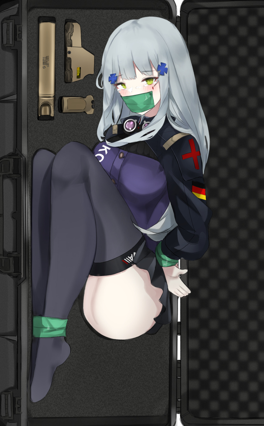 1girl absurdres bangs black_legwear blush breasts eyebrows_visible_through_hair gagged german_flag girls'_frontline green_eyes grey_skirt hair_ornament hairclip highres hk416_(girls'_frontline) long_hair looking_at_viewer lying medium_breasts no_shoes on_side pz-15 restrained silver_hair simple_background skirt solo tactical_clothes teardrop_facial_mark teardrop_tattoo tears thighhighs uniform weapon_case