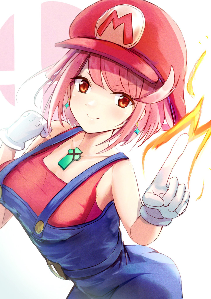 1girl alternate_costume bangs breasts chest_jewel cosplay fire hat highres karuushi large_breasts mario mario_(cosplay) mario_(series) overalls pyra_(xenoblade) red_eyes red_hair short_hair solo super_mario_bros. swept_bangs