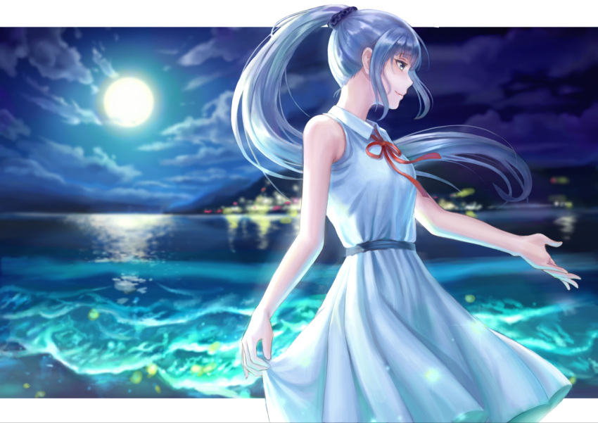 1girl beach blurry chinese_commentary cloud cloudy_sky collared_dress depth_of_field dress floating_hair flowers_(innocent_grey) from_side full_moon hair_ornament hair_scrunchie highres kafkasea long_hair moon night night_sky outstretched_arm outstretched_hand ponytail profile red_ribbon ribbon scrunchie sidelocks silver_hair sky sleeveless sleeveless_dress smile solo very_long_hair water waves yatsushiro_yuzuriha