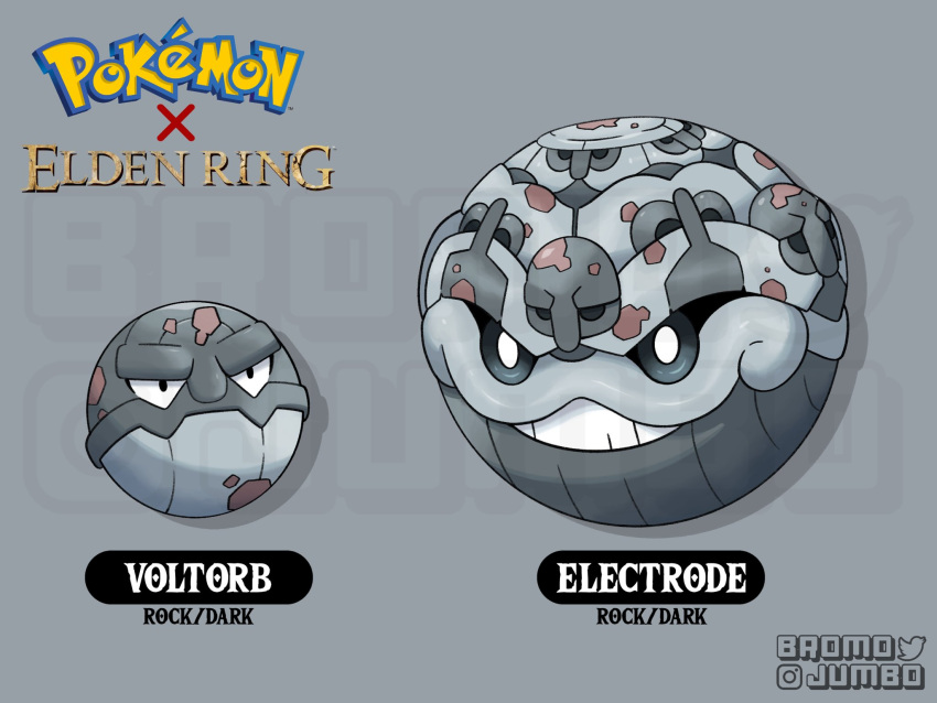 artist_name black_eyes bromojumbo character_name copyright_name crossover elden_ring electrode_(pokemon) grey_background grin highres looking_at_viewer no_humans pokemon smile voltorb white_eyes