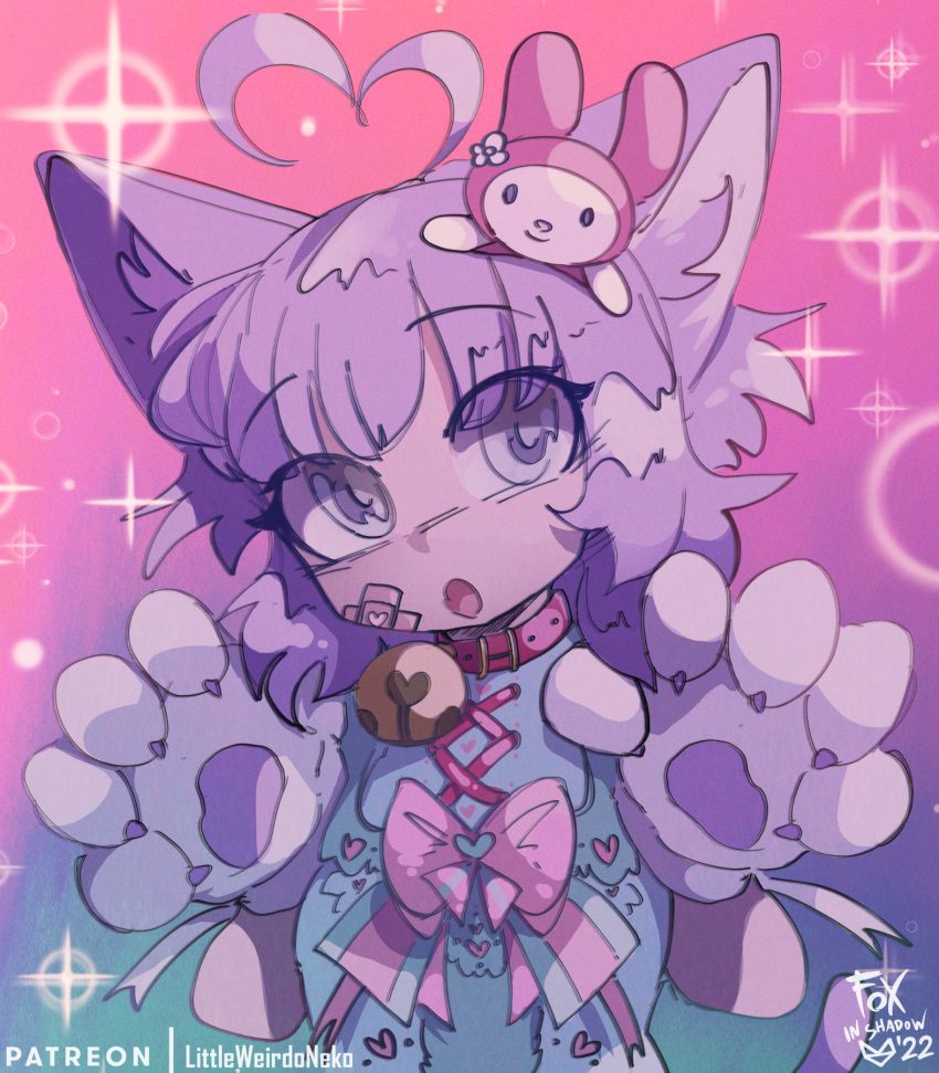 1girl :o animal_ears animal_hands bandages cat_ears cat_paws collar foxinshadow highres looking_at_viewer my_melody onegai_my_melody open_mouth original purple_eyes purple_hair ribbon short_hair solo sparkle