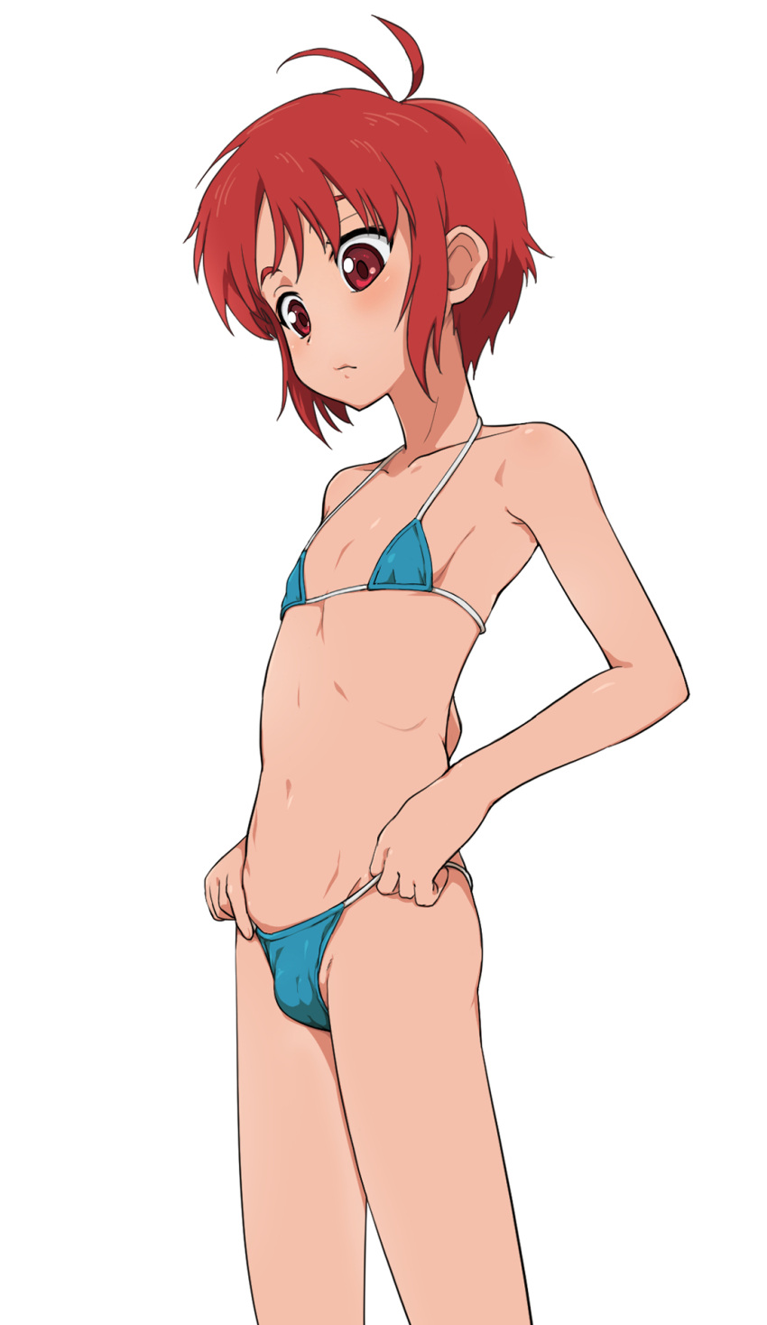 1boy bikini blush collarbone commentary_request crossdressing highres mao_(tales) micro_bikini nanina_(nijnan) red_eyes red_hair short_hair solo swimsuit tales_of_(series) tales_of_rebirth white_background