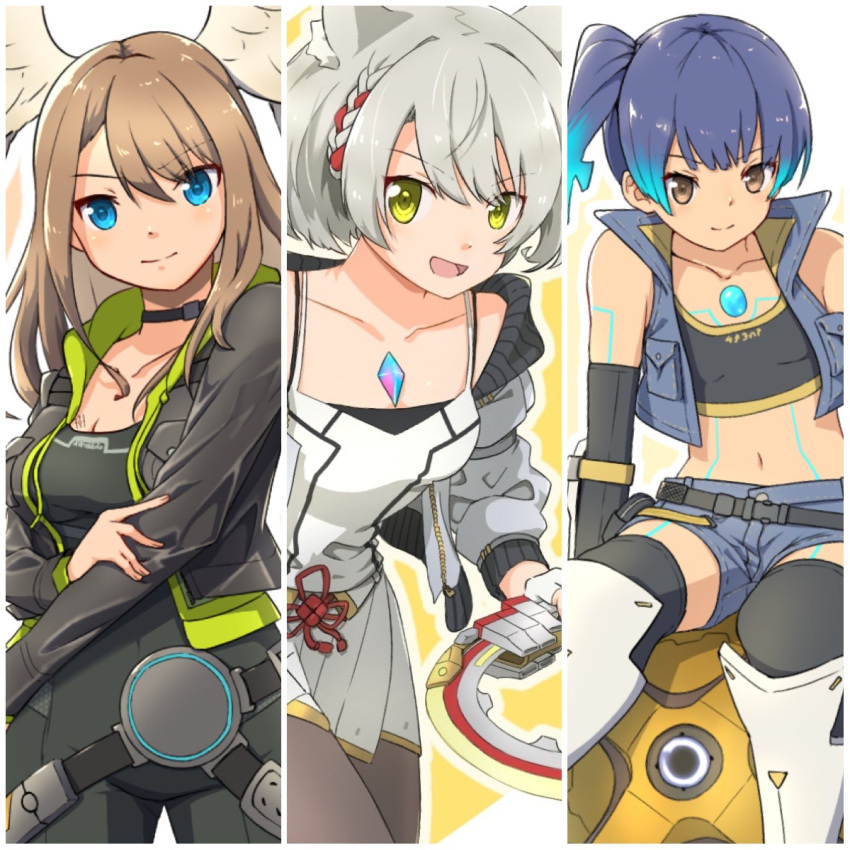 3girls black_bodysuit blue_shorts bodysuit breast_tattoo camisole chakram chest_jewel eunie_(xenoblade) fiery_hair glowing_lines hammer head_wings high_tops highres jacket latex latex_bodysuit leather leather_jacket leggings mio_(xenoblade) multiple_girls sena_(xenoblade) shorts shoulder_strap sports_bra tank_top tattoo tekology weapon white_camisole white_jacket white_tank_top white_wings wings xenoblade_chronicles_(series) xenoblade_chronicles_3