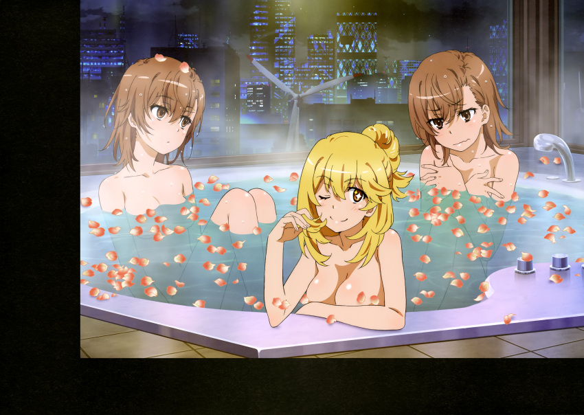 3girls ;) absurdres bathing blonde_hair breast_envy breasts brown_hair cleavage closed_mouth collarbone completely_nude covering covering_breasts hair_twirling head_tilt highres hiyamizu_yukie indoors long_hair looking_at_viewer medium_breasts misaka_imouto misaka_mikoto multiple_girls nude one_eye_closed petals petals_on_liquid shiny shiny_hair shiny_skin shokuhou_misaki short_hair small_breasts smile symbol-shaped_pupils tied_hair toaru_kagaku_no_railgun toaru_majutsu_no_index wet wet_hair wind_turbine