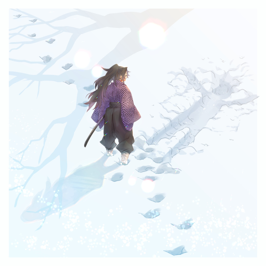 1boy bare_tree black_hair black_pants day facial_mark footprints hakama highres hole japanese_clothes kimetsu_no_yaiba kimono long_hair long_sleeves looking_down male_focus mintiaorion outdoors pants purple_kimono shadow sleeves_past_fingers sleeves_past_wrists snow solo standing sunlight sword tree tsugikuni_michikatsu very_long_hair weapon wide_sleeves winter