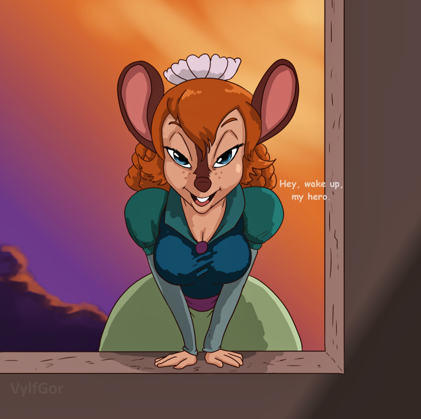 2022 an_american_tail anthro big_breasts breasts bridget_(an_american_tail) buckteeth clothed clothing don_bluth dress female fully_clothed hair half-closed_eyes hi_res looking_at_viewer mammal mouse murid murine narrowed_eyes rodent simple_background smile solo teeth text vylfgor