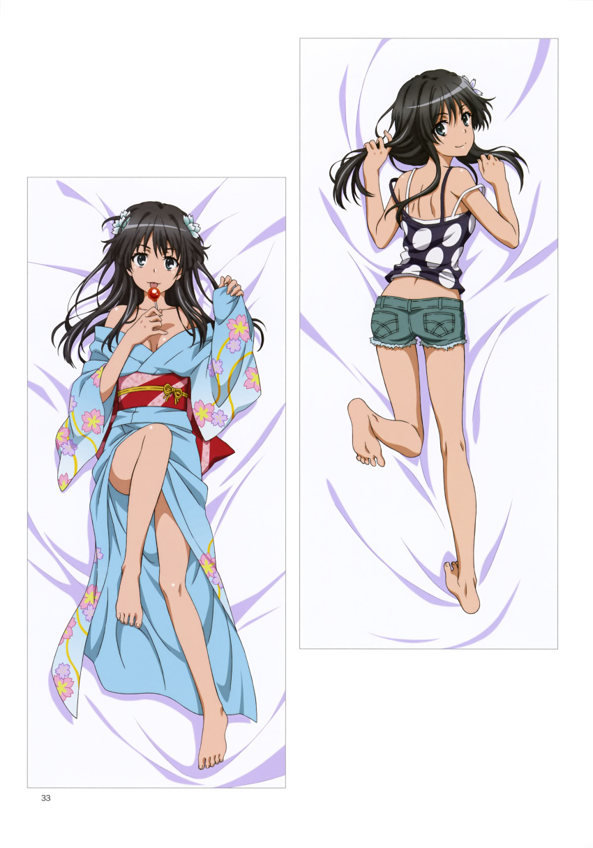 2girls absurdres bare_arms bare_legs barefoot bed_sheet black_hair blue_eyes blue_kimono candy_apple closed_mouth dakimakura_(medium) denim denim_shorts floral_print flower food from_above full_body grey_shorts hair_flower hair_ornament highres hiyamizu_yukie japanese_clothes kimono long_hair long_sleeves looking_at_viewer looking_back lying midriff multiple_girls naked_kimono off-shoulder_kimono off_shoulder on_back on_stomach page_number print_kimono saten_ruiko shiny shiny_hair shirt short_shorts shorts shoulder_blades sleeveless sleeveless_shirt smile straight_hair toaru_kagaku_no_railgun toaru_majutsu_no_index tongue tongue_out ueda_mineko white_flower yukata