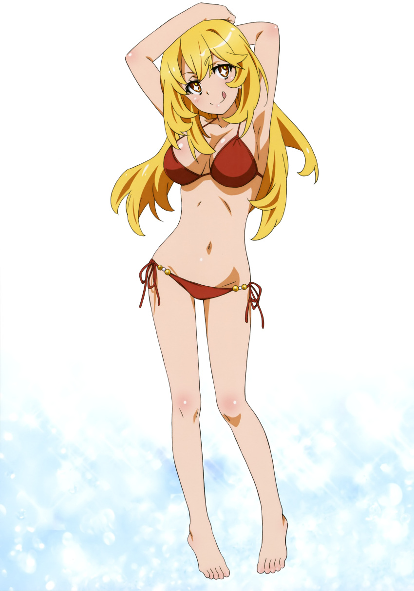 1girl :q absurdres armpits arms_up bare_arms bare_legs barefoot bikini blonde_hair breasts cleavage collarbone full_body groin halterneck head_tilt highres hiyamizu_yukie long_hair looking_at_viewer medium_breasts navel red_bikini shiny shiny_hair shiny_skin shokuhou_misaki side-tie_bikini solo standing straight_hair swimsuit symbol-shaped_pupils toaru_kagaku_no_railgun toaru_majutsu_no_index tongue tongue_out very_long_hair white_background