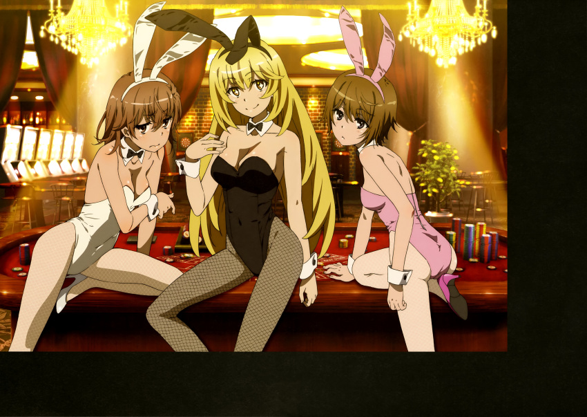 3girls absurdres animal_ears bangs bare_legs black_bow black_bowtie black_hairband black_leotard blonde_hair bow bowtie breast_envy breasts brown_eyes brown_hair cleavage collarbone covered_navel detached_collar eyebrows_visible_through_hair fake_animal_ears fishnet_legwear fishnets hair_between_eyes hairband high_heels highleg highleg_leotard highres hiyamizu_yukie indoors kinuhata_saiai leotard long_hair looking_at_viewer medium_breasts misaka_mikoto multiple_girls pantyhose pink_footwear pink_hairband pink_leotard playboy_bunny pumps rabbit_ears shiny shiny_hair shokuhou_misaki short_hair shoulder_blades small_breasts strapless strapless_leotard symbol-shaped_pupils toaru_kagaku_no_railgun toaru_majutsu_no_index very_long_hair white_footwear white_hairband white_leotard wrist_cuffs