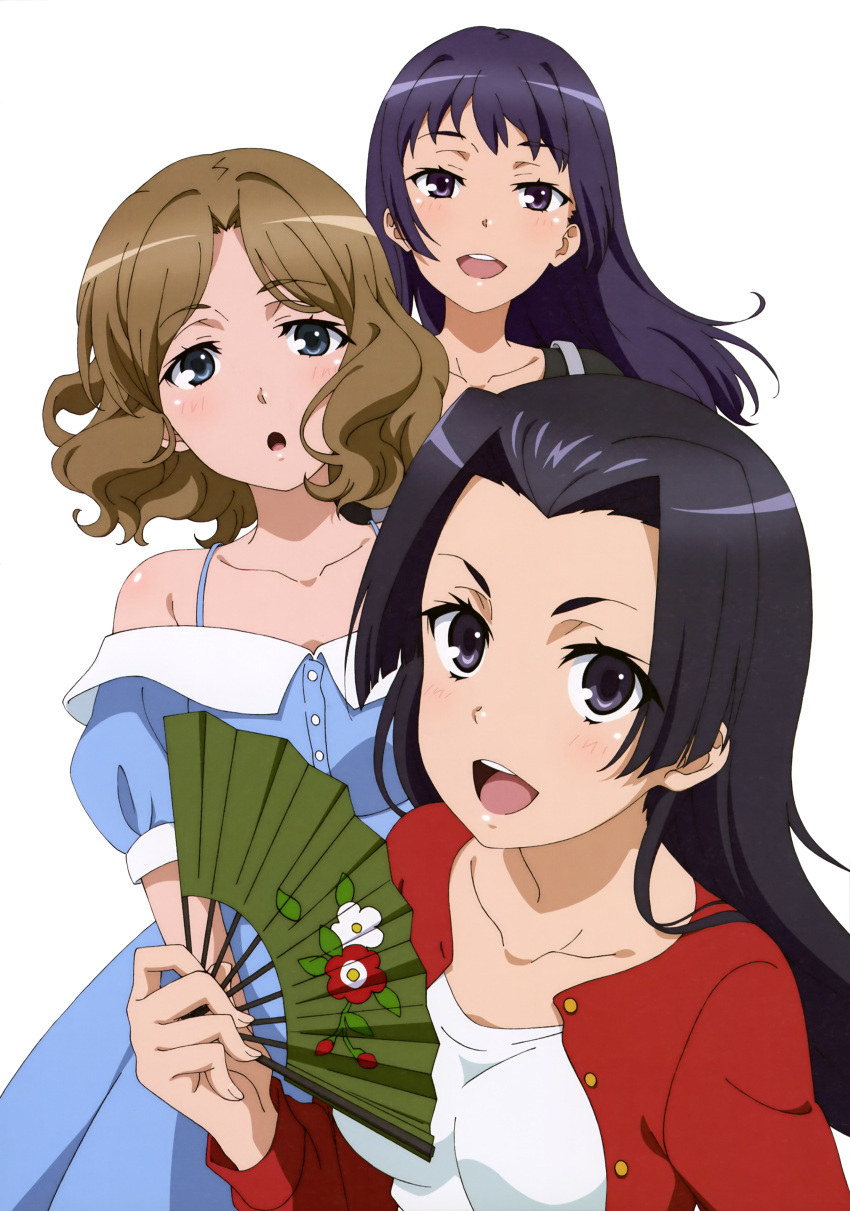 3girls :d :o absurdres awatsuki_maaya bangs black_eyes black_hair blue_dress blue_eyes brown_hair collarbone dress floating_hair floral_print hair_intakes hand_fan highres hiyamizu_yukie holding holding_fan jacket kongou_mitsuko long_hair looking_at_viewer multiple_girls open_clothes open_jacket open_mouth parted_bangs purple_eyes purple_hair red_jacket shiny shiny_hair shirt simple_background smile straight_hair sundress toaru_kagaku_no_railgun toaru_majutsu_no_index ueda_mineko upper_body wannai_kinuho white_background white_shirt