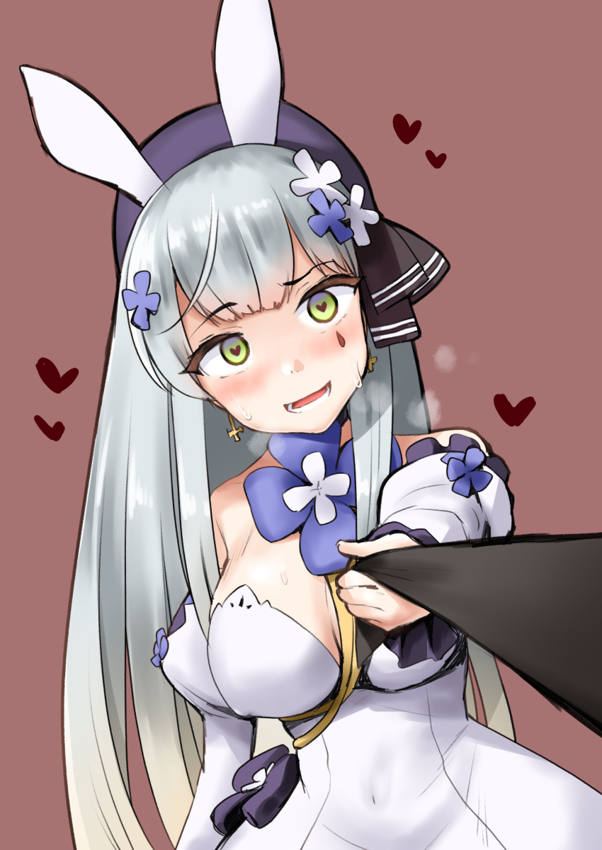 1girl absurdres animal_ears bangs bare_shoulders beret between_breasts blunt_bangs blush breasts cleavage covered_navel covered_nipples dress earrings eyebrows_visible_through_hair facial_mark fake_animal_ears flower girls'_frontline green_eyes hair_flower hair_ornament hat heart heart-shaped_pupils highres hk416_(girls'_frontline) jewelry large_breasts leaning_to_the_side long_hair long_sleeves looking_at_viewer minase_(takaoka_nanase) narrowed_eyes off-shoulder_dress off_shoulder open_mouth pov rabbit_ears sanpaku shirt_grab silver_hair simple_background sketch smile symbol-shaped_pupils teardrop_tattoo upper_body very_long_hair white_dress