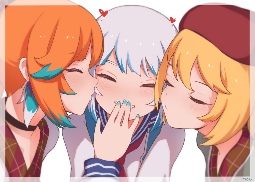 3girls aqua_nails blonde_hair blue_hair blush closed_eyes double_cheek_kiss eyebrows_visible_through_hair gawr_gura green_hair hand_to_own_mouth heart highres hololive hololive_english imminent_kiss kiss kissing_cheek multicolored_hair multiple_girls nail_polish orange_hair parted_lips short_hair silver_hair streaked_hair takanashi_kiara teeth tfqr virtual_youtuber watson_amelia yuri