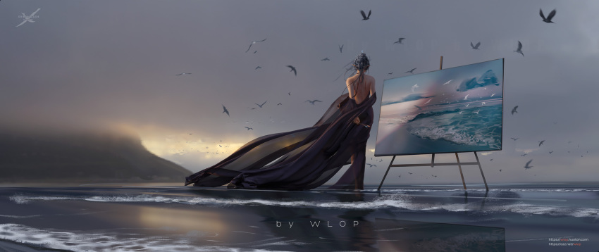 1girl black_dress dress ghostblade highres painting solo standing water waves wlop