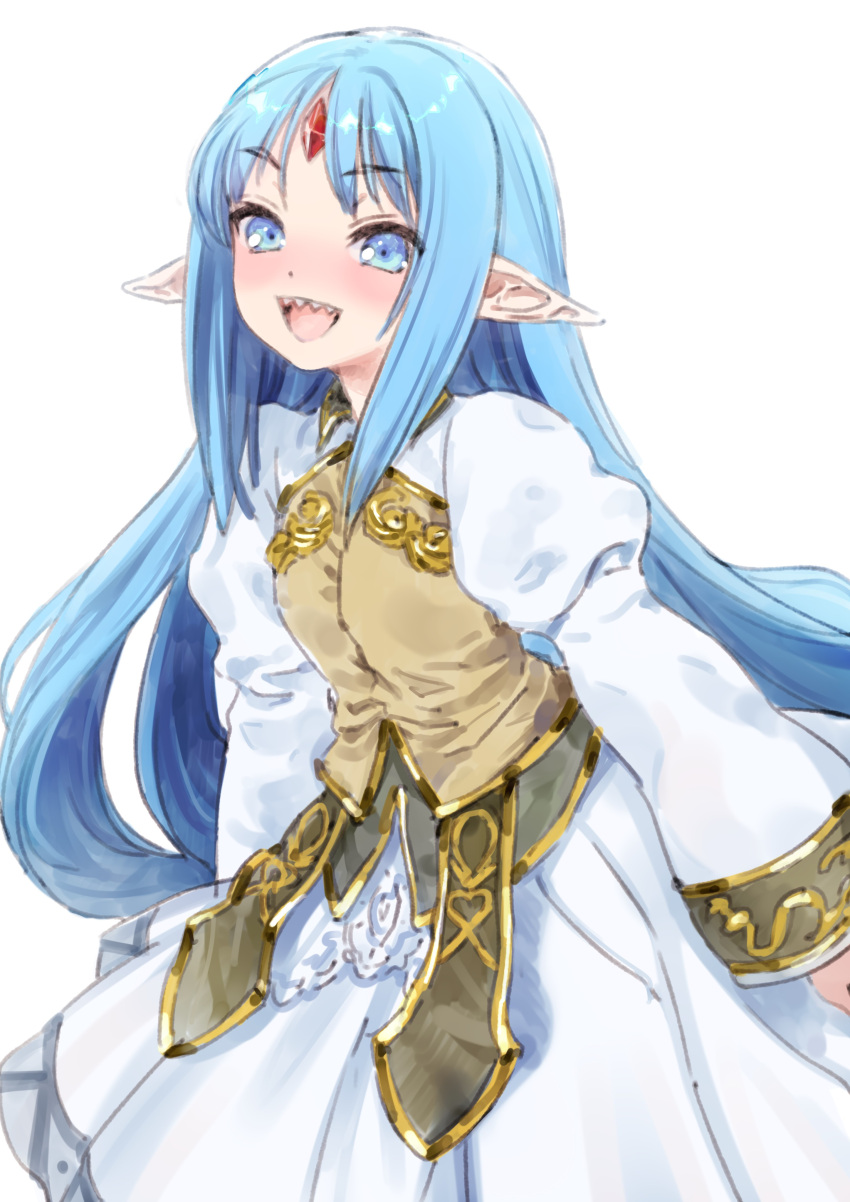 1girl absurdres blue_eyes blue_hair blush commission dress elf eyebrows_visible_through_hair forehead_jewel gold_trim highres juliet_sleeves kishida_mel long_hair long_sleeves nose_blush open_mouth pointy_ears puffy_sleeves rance_(series) rance_10 reset_kalar sharp_teeth simple_background skeb_commission smile solo teeth white_background