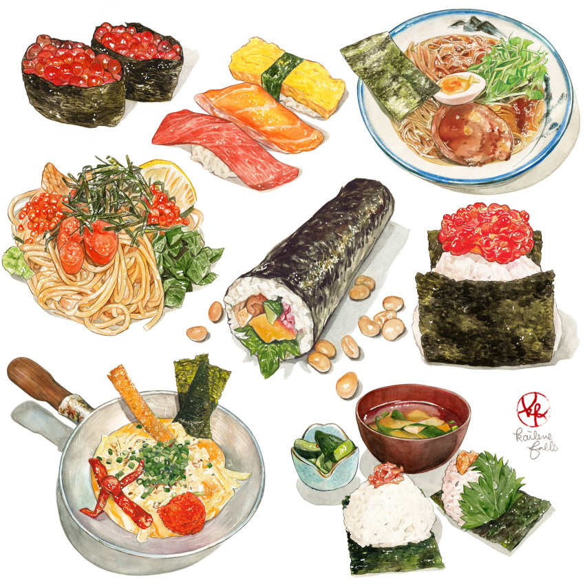 artist_logo beans commentary_request food food_focus highres kailene no_humans nori_(seaweed) onigiri original partial_commentary plate sashimi signature simple_background sushi white_background