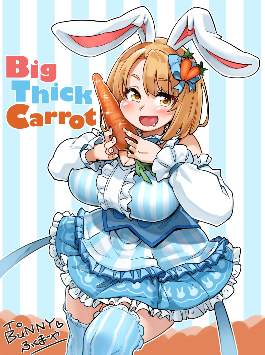 1girl absurdres animal_ears bangs bare_shoulders blonde_hair blue_dress blue_legwear blush bow breasts carrot carrot_hair_ornament character_request cleavage commentary_request copyright_request detached_sleeves dress drooling english_text eyebrows_visible_through_hair feet_out_of_frame food-themed_hair_ornament frills fukumaaya hair_bow hair_ornament highres long_sleeves looking_at_viewer medium_hair open_mouth rabbit_ears solo tareme thick_thighs thighhighs thighs yellow_eyes
