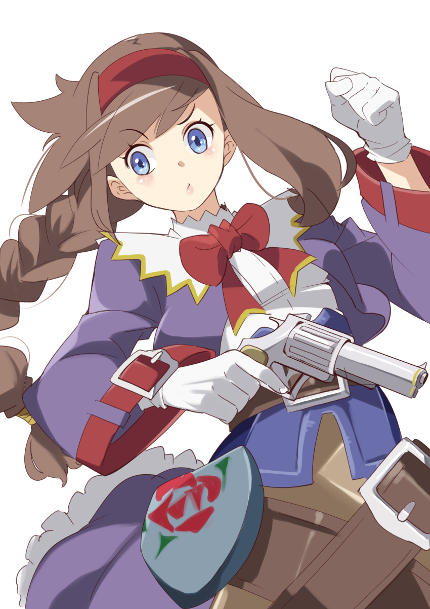 1girl absurdres belt blue_eyes bow braid brown_hair coat dress gloves gun hairband highres long_hair nozumu purple_dress red_hairband simple_background solo virginia_maxwell weapon white_background wild_arms wild_arms_3