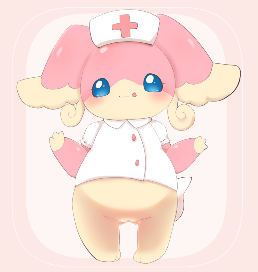 anthro audino blue_eyes blush bottomless butt butt_from_the_front clothed clothing female female_anthro generation_5_pokemon genitals hat headgear headwear hi_res licking licking_lips nintendo nurse_clothing nurse_hat nurse_headwear nurse_uniform pink_body pokemon pokemon_(species) pussy sakaeguchi_okarina simple_background solo tongue uniform white_background