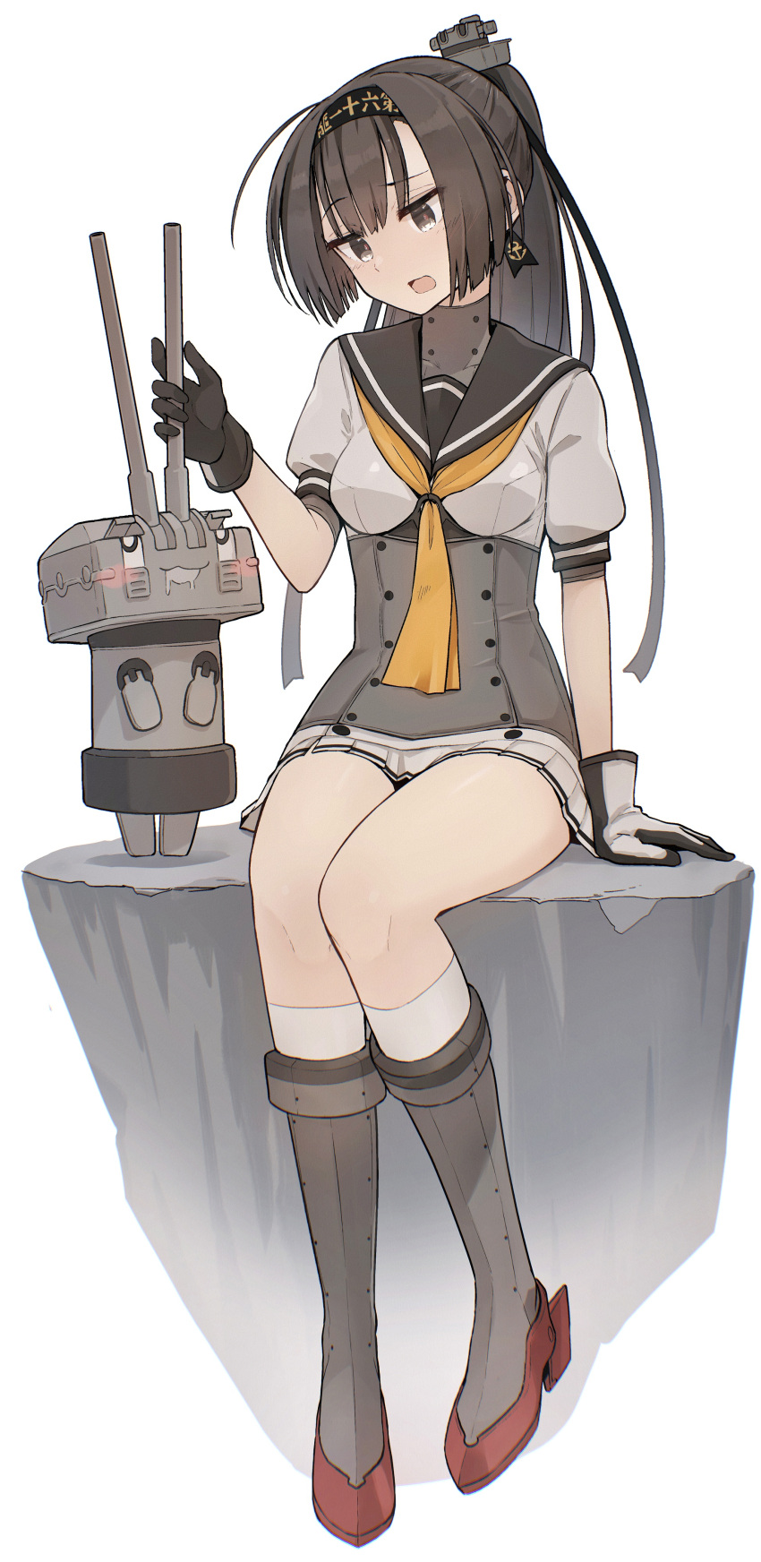 1girl absurdres akizuki_(kancolle) banned_artist black_hair black_headwear black_sailor_collar blush chou-10cm-hou-chan clothes_writing eyebrows_visible_through_hair full_body gloves grey_eyes hachimaki headband highres kantai_collection kneehighs long_hair multicolored_clothes multicolored_gloves neckerchief open_mouth orange_neckerchief pleated_skirt ponytail puffy_short_sleeves puffy_sleeves rudder_footwear sailor_collar school_uniform serafuku short_sleeves simple_background sitting skirt white_background white_legwear white_skirt yopan_danshaku