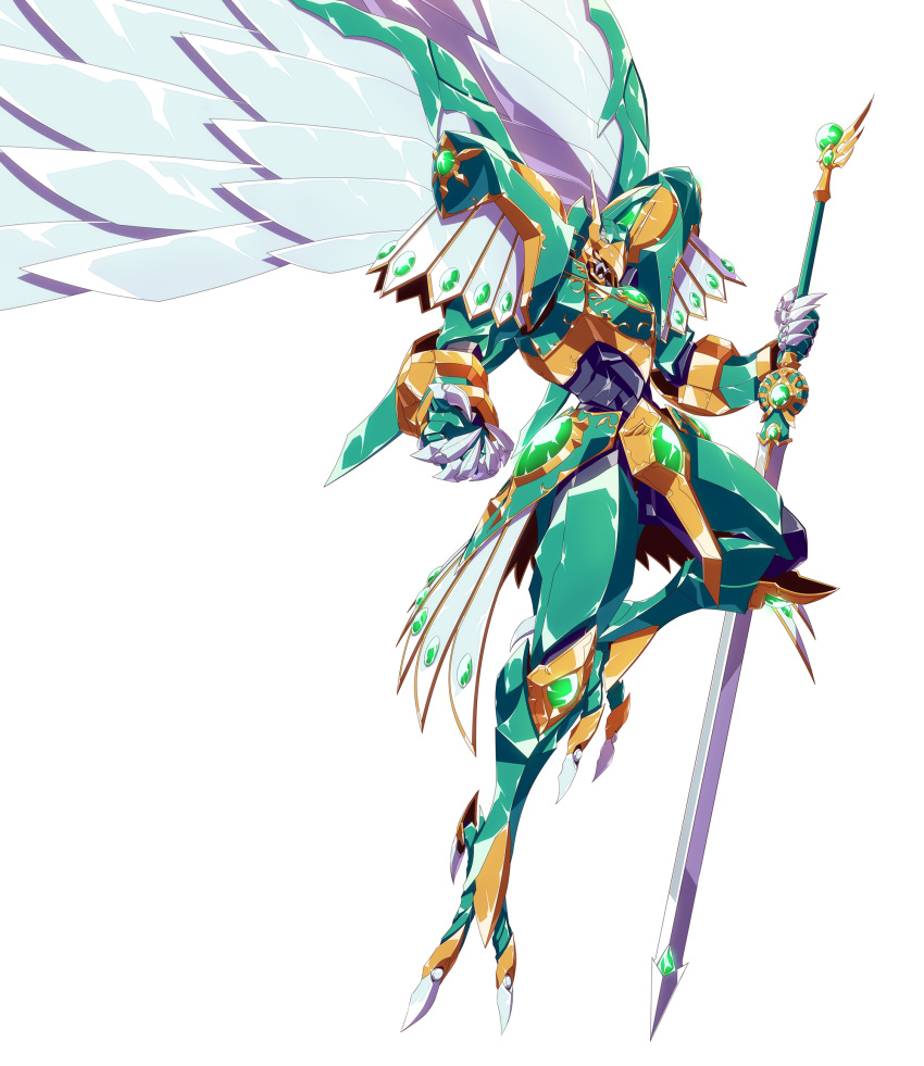 airborne fantasy glowing glowing_eye highres holding holding_sword holding_weapon long_sword magic_knight_rayearth mashin mecha mechanical_wings no_humans oobari_masami_(style) orange_eyes solo sword weapon white_background windam_(rayearth) wings yakisoba_(kaz2113)