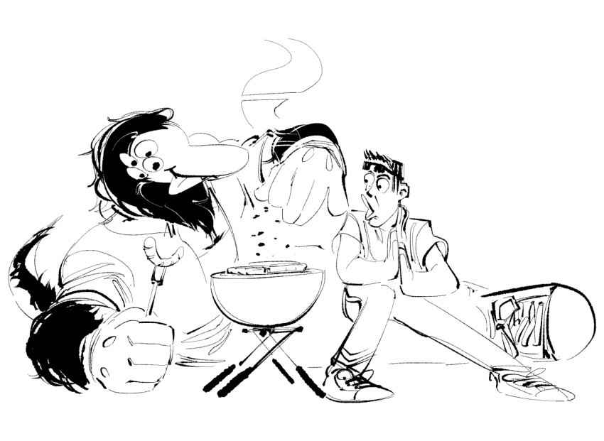 anthro black_and_white blep clothed clothing cooking cutlery digital_drawing_(artwork) digital_media_(artwork) duo eyewear footwear fork gloves googly_eyes grill handwear human humanoid humor kitchen_utensils larger_male male mammal monochrome monster multi_eye muscular muscular_male pogchamp reptile sausages scalie scp-682 scp-682-b scp_foundation shoes size_difference sneakers styx_nacht_ii sunglasses the-hydroxian thick_fur tongue tongue_out tools trevor_moses