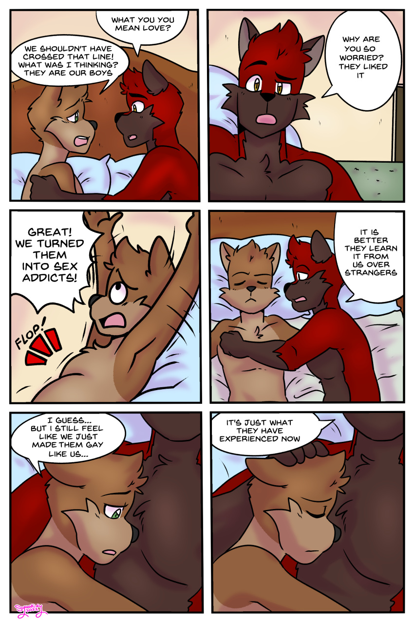 absurd_res anthro bed blaze_wolf canid canine canis comic dialogue domestic_cat embrace felid feline felis furniture hi_res jesse_cat male mammal syaokitty wolf