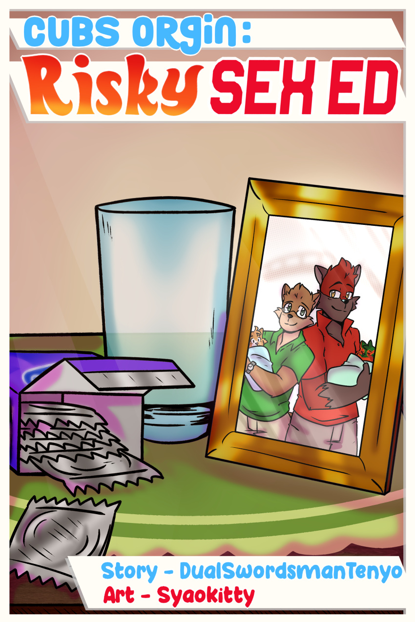 absurd_res anthro baby blaze_wolf canid canine canis comic condom_wrapper cover cover_art cover_page domestic_cat family_photo father felid feline felis framed_picture hi_res jesse_cat magma_wolf male mammal parent son syaokitty tenyo_cat wolf young