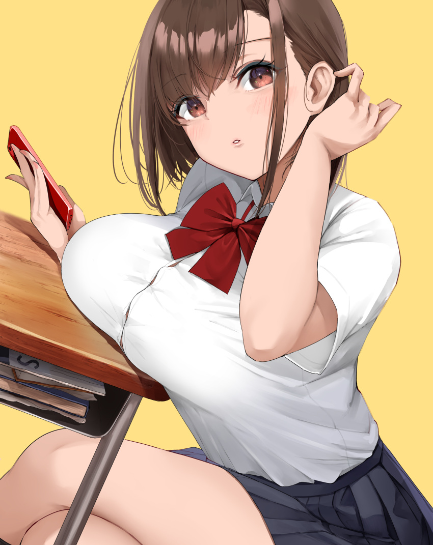 1girl absurdres bangs banned_artist blue_skirt blush bow bowtie breast_rest breasts brown_eyes brown_hair cellphone commentary_request crossed_legs desk eyebrows_visible_through_hair fay_(fay_axl) hand_up highres holding holding_phone large_breasts long_hair looking_at_another looking_at_viewer original parted_lips phone pleated_skirt red_bow red_bowtie school_desk school_uniform shirt simple_background sitting skirt smartphone solo thighs white_shirt yellow_background