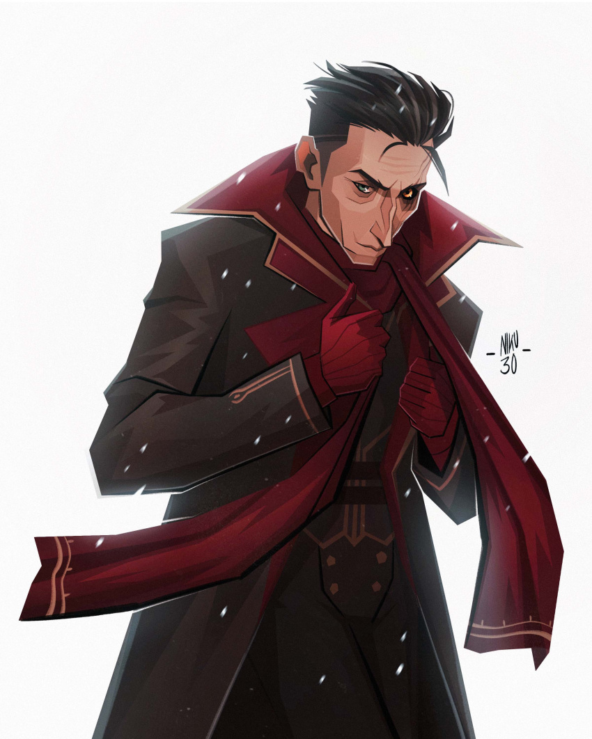 1boy absurdres arcane:_league_of_legends artist_name bangs black_hair black_sclera brown_coat brown_pants closed_mouth coat colored_sclera gloves grey_hair heterochromia highres league_of_legends looking_at_viewer multicolored_hair nina_kunze pants red_gloves red_scarf scar scar_across_eye scarf short_hair silco_(arcane) smile snow snowing solo two-tone_hair undercut