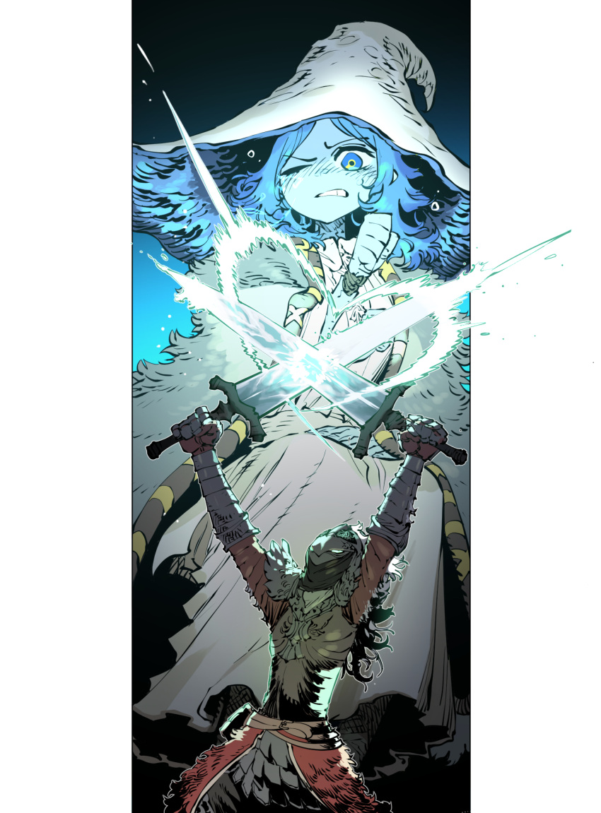 1girl 1other ambiguous_gender armor blue_eyes blue_hair dress elden_ring fur_coat hat heart highres long_hair night night_sky one_eye_closed ranni_the_witch sky ssambatea sword tarnished_(elden_ring) teeth wavy_hair weapon white_dress wince witch witch_hat