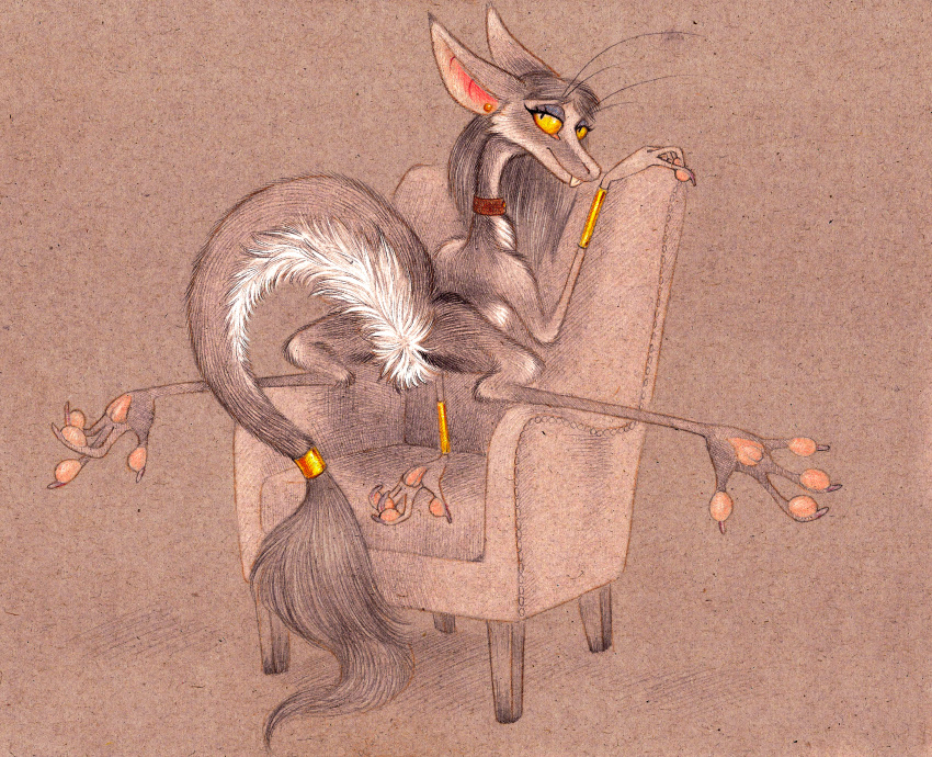 absurd_res anthro bedroom_eyes chair choker female flexible fuchs furniture hi_res jewelry looking_at_viewer looking_back looking_back_at_viewer mammal narrowed_eyes necklace nude out-of-placers raised_tail seductive simple_background solo spread_legs spreading traditional_media_(artwork) vesaria webcomic yinglet
