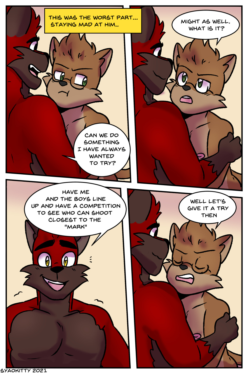 absurd_res anthro blaze_wolf breasts canid canine canis comic dialogue domestic_cat felid feline felis female hi_res jesse_cat male mammal syaokitty wolf