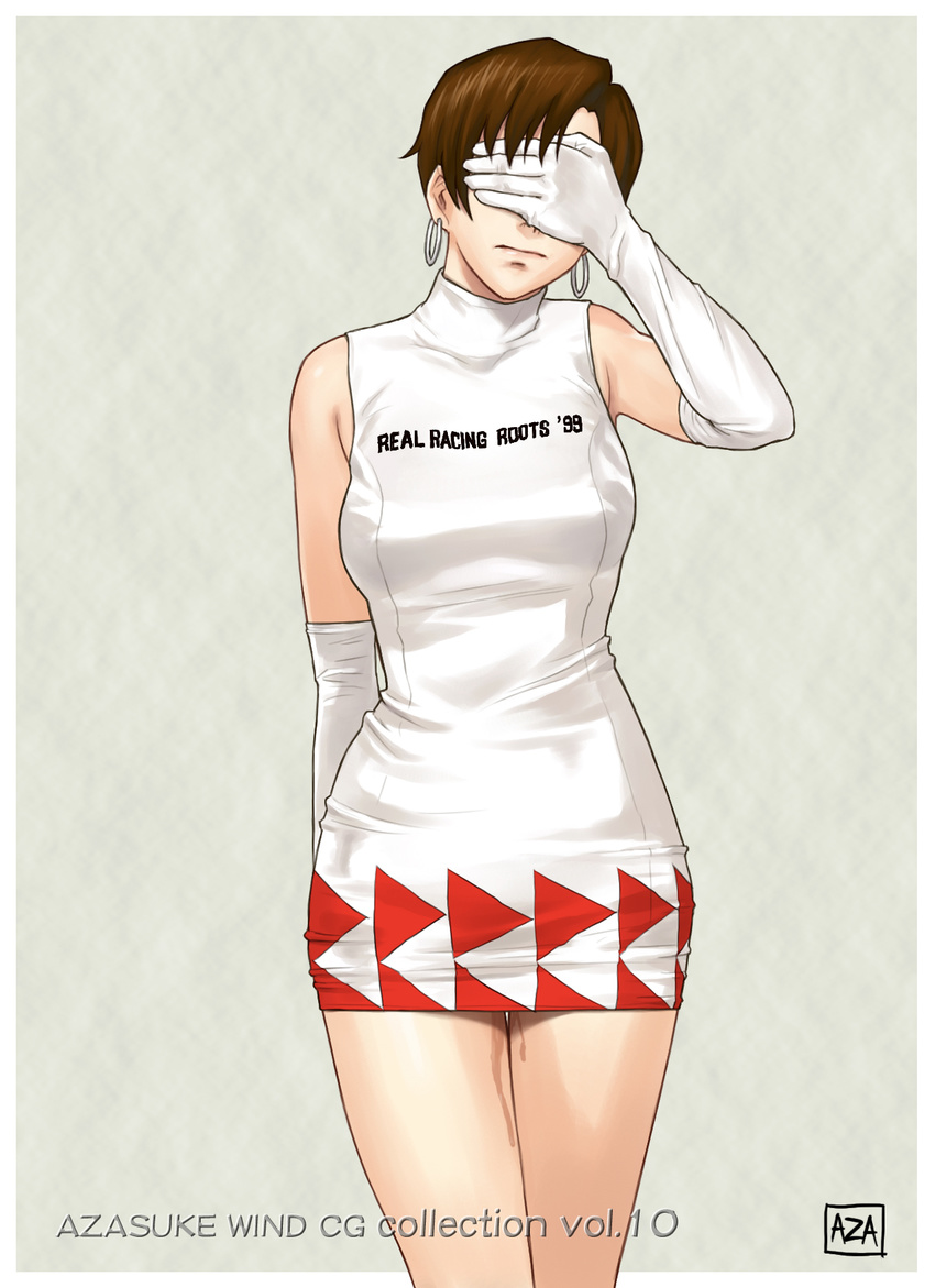 azasuke bare_shoulders brown_eyes brown_hair covering covering_eyes covering_face dress earrings elbow_gloves embarrassed female gloves highres jewelry nagase_reiko pussy_juice race_queen ridge_racer short_hair solo standing thigh_gap thighs