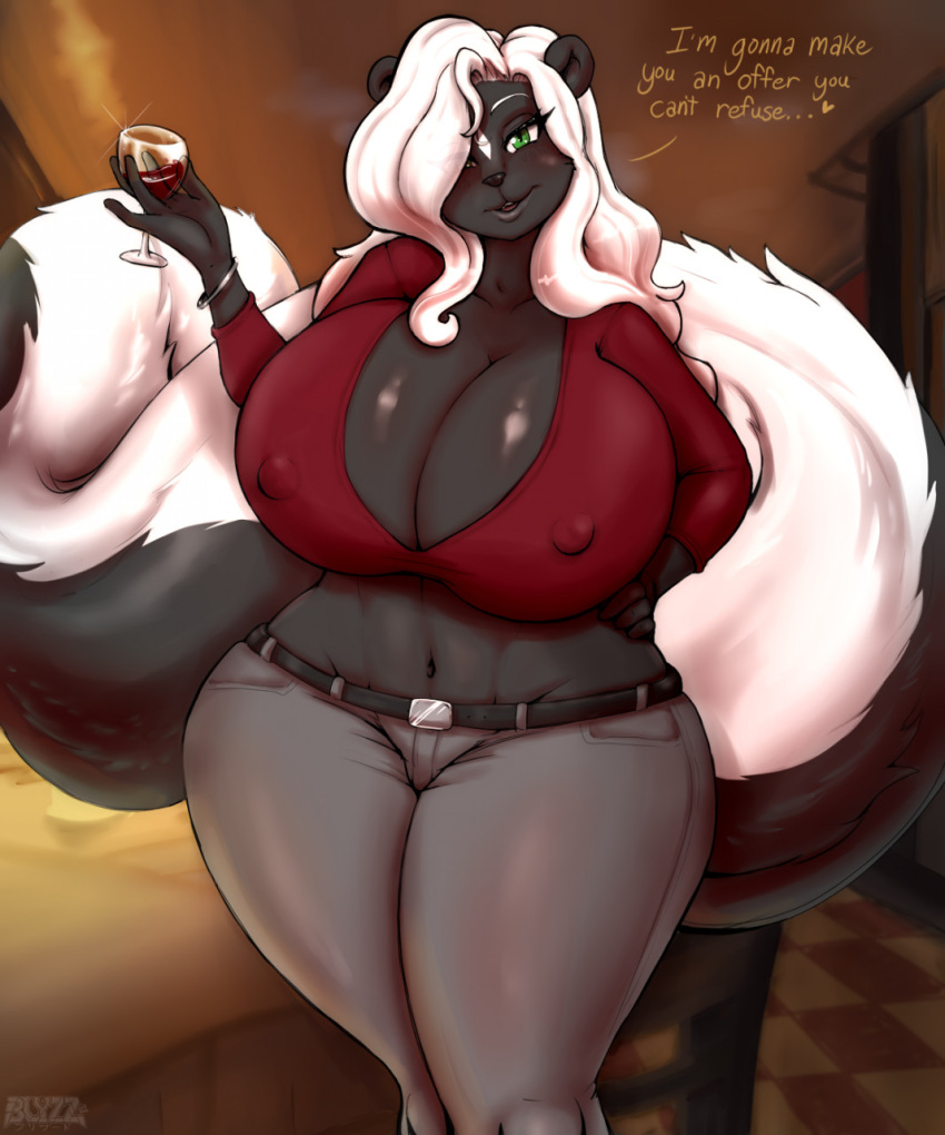 alcohol angelica_babino_(lildredre) anthro beverage big_breasts blyzzarde breasts cleavage clothed clothing crop_top curvy_figure english_text female fluffy fluffy_tail hair hair_over_eye hi_res huge_breasts mammal mephitid nipple_outline one_eye_obstructed shirt skunk solo text topwear wine