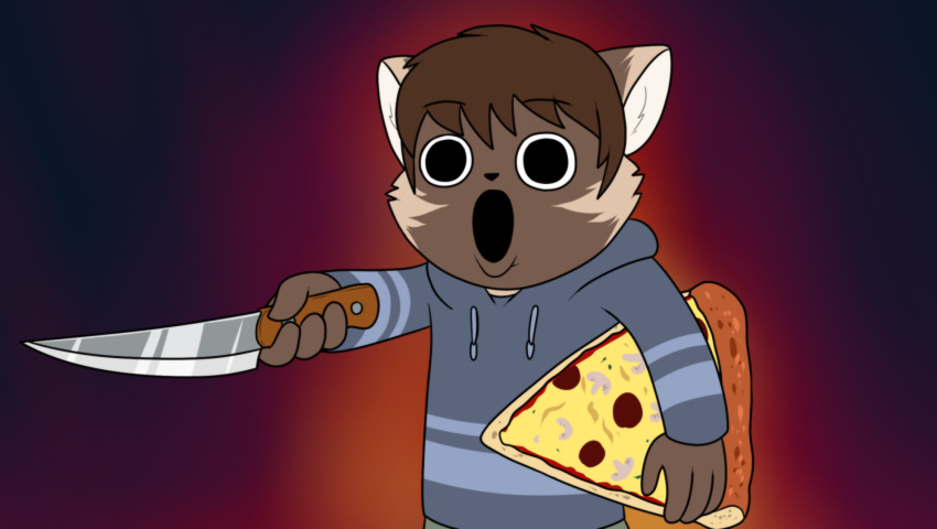 adrian_(crovirus) anthro clothing crovirus food gesture glowing glowing_background gulonine hi_res hoodie humor knife male mammal marten mustelid musteline open_mouth pine_marten pizza pointing pointing_at_viewer screaming smiling_friends solo topwear weapon