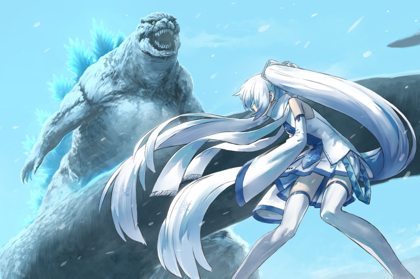 1girl 1other bare_shoulders belt bent_over commentary detached_sleeves fighting_stance from_side giant giant_monster godzilla godzilla_(series) hair_ornament haraya_manawari hatsune_miku highres kaijuu long_hair looking_at_another miniskirt open_mouth outdoors pleated_skirt scarf sharp_teeth shirt skindentation skirt sleeveless sleeveless_shirt sleeves_past_fingers sleeves_past_wrists snowing spines standing tail teeth thighhighs twintails very_long_hair vocaloid white_hair white_legwear white_scarf white_shirt white_skirt white_sleeves wide_sleeves yuki_miku yuki_miku_(2011) zettai_ryouiki