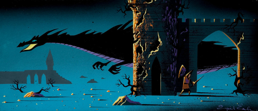 1959 20th_century ancient_art armor better_version_at_source castle concept_art disney dragon duo eyvind_earle female feral fight gouache_(artwork) hi_res hiding human interspecies knight larger_feral macro male maleficent mammal melee_weapon official_art outside painting_(artwork) plant ruins running scalie shield size_difference sleeping_beauty_(1959) smaller_human sword traditional_media_(artwork) tree warrior weapon western_dragon