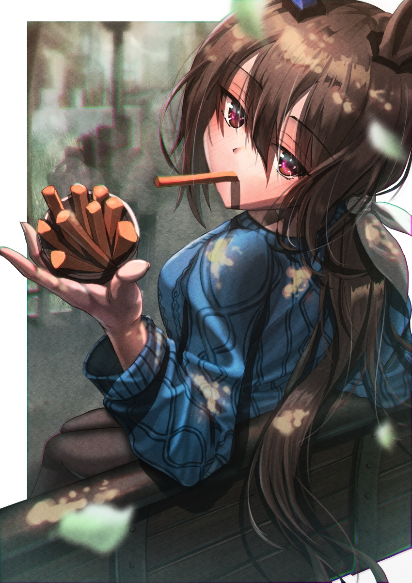 1girl absurdres admire_vega_(umamusume) animal_ears black_legwear blue_sleeves blue_sweater blurry blurry_foreground bow breasts brown_hair casual commentary_request eyebrows_visible_through_hair eyelashes food food_in_mouth french_fries hair_between_eyes hair_bow hair_ornament hair_ribbon highres holding holding_food horse_ears horse_girl large_breasts leaf long_hair long_sleeves looking_back low_ponytail red_eyes ribbon sajin_(user_pvrm4582) shaded_face shadow sideboob sitting solo sparkling_eyes sweater umamusume