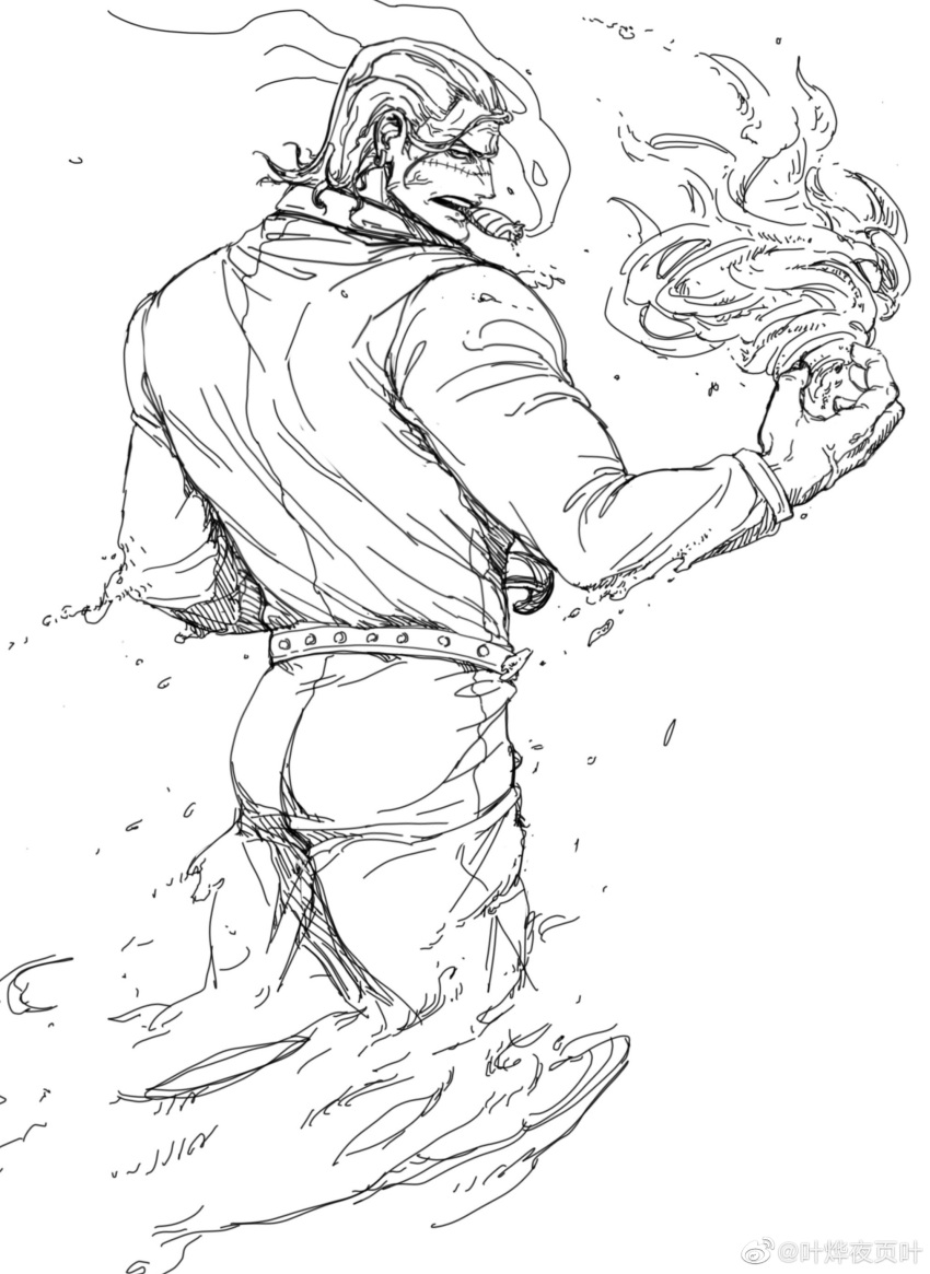 1boy absurdres ass cigar from_behind frown greyscale hair_strand highres hook_hand looking_at_viewer male_focus mature_male monochrome muscular muscular_male one_piece pants sand shirt sir_crocodile sketch smoking solo ye_(ye79132751)