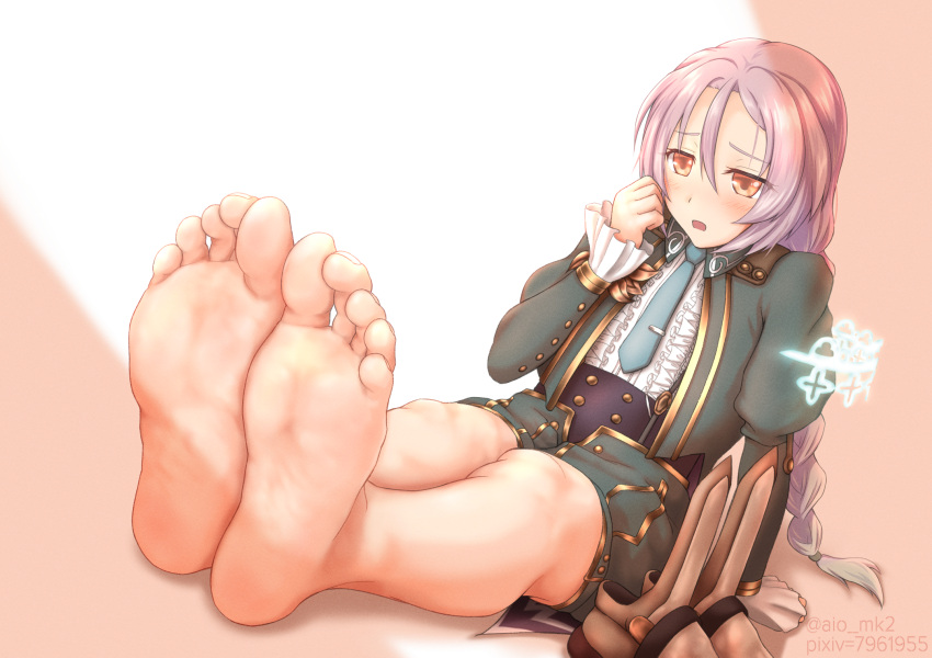 1girl aio_mk2 arm_support barefoot blush boots boots_removed braid braided_ponytail clorica_(rune_factory) commentary_request embarrassed feet feet_together foreshortening gold_trim green_jacket green_pants hair_between_eyes hand_to_own_face highres jacket juliet_sleeves leaning_back legs_together long_sleeves looking_at_viewer necktie open_mouth orange_eyes pants puffy_sleeves purple_hair rune_factory rune_factory_4 shadow shiny shiny_clothes shiny_hair shiny_skin sidelocks sitting sogo_akahiko soles solo toes