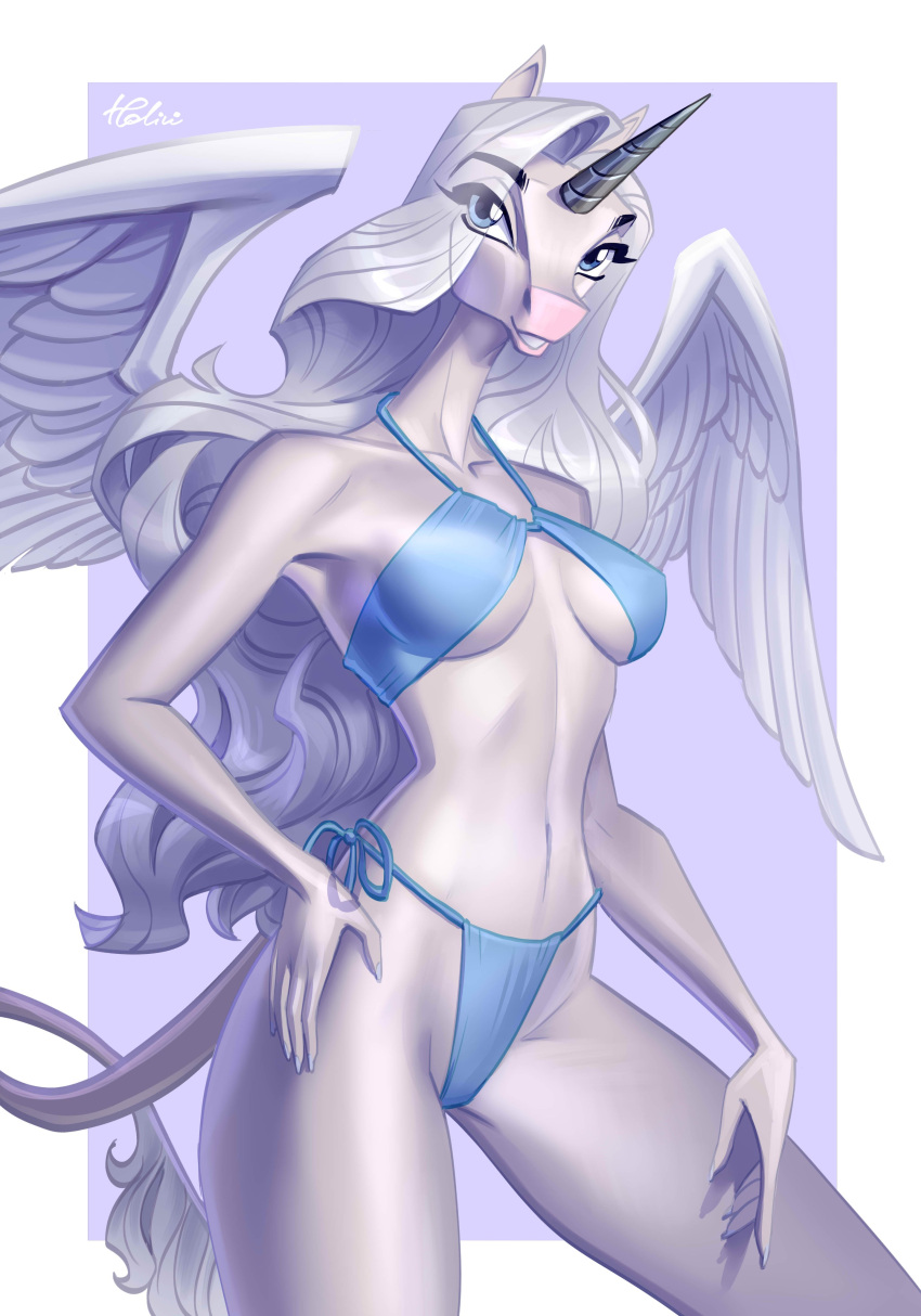 2022 absurd_res anthro bikini blue_bikini blue_clothing blue_eyes blue_swimwear breasts clothing equid equine eyebrow_through_hair eyebrows eyelashes feathered_wings feathers female fur grey_hair hair hand_on_hip hi_res holivi horn long_hair looking_at_viewer mammal navel side-tie_bikini smile smiling_at_viewer solo swimwear tail_tuft translucent translucent_hair tuft white_body white_fur winged_unicorn wings