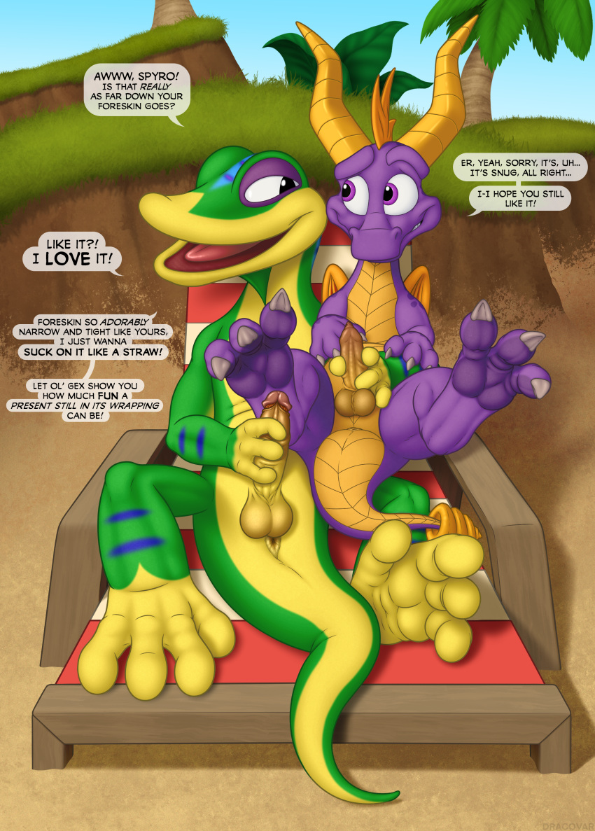 2022 absurd_res activision anthro anus balls beach bestiality chair dialogue digital_media_(artwork) dracovar_valeford dragon duo embrace english_text feet feral foreskin furniture gecko genitals gex_(series) gex_the_gecko glans glistening glistening_genitalia glistening_penis grin hi_res holding_penis horn hug lizard looking_at_another lying male male/male masturbation mutual_masturbation nude on_back outside paws penis plant reptile retracted_foreskin scalie seaside smile spread_legs spread_toes spreading spyro spyro_the_dragon text tight_foreskin toes tree video_games wings