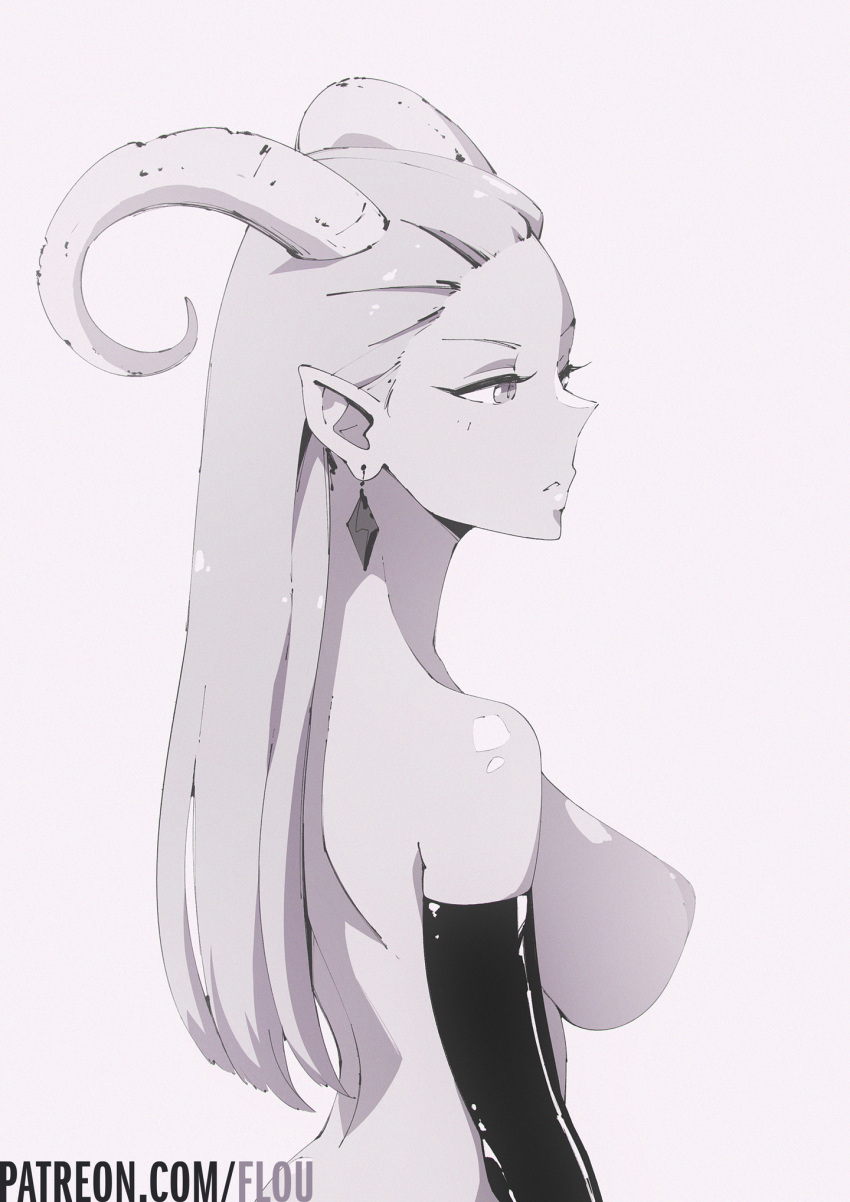 1girl artist_name breasts curled_horns demon_girl demon_horns earrings elbow_gloves flou forehead from_side gloves highres horns jewelry large_breasts monochrome nipples no_bangs nude original parted_lips pointy_ears profile slit_pupils solo upper_body