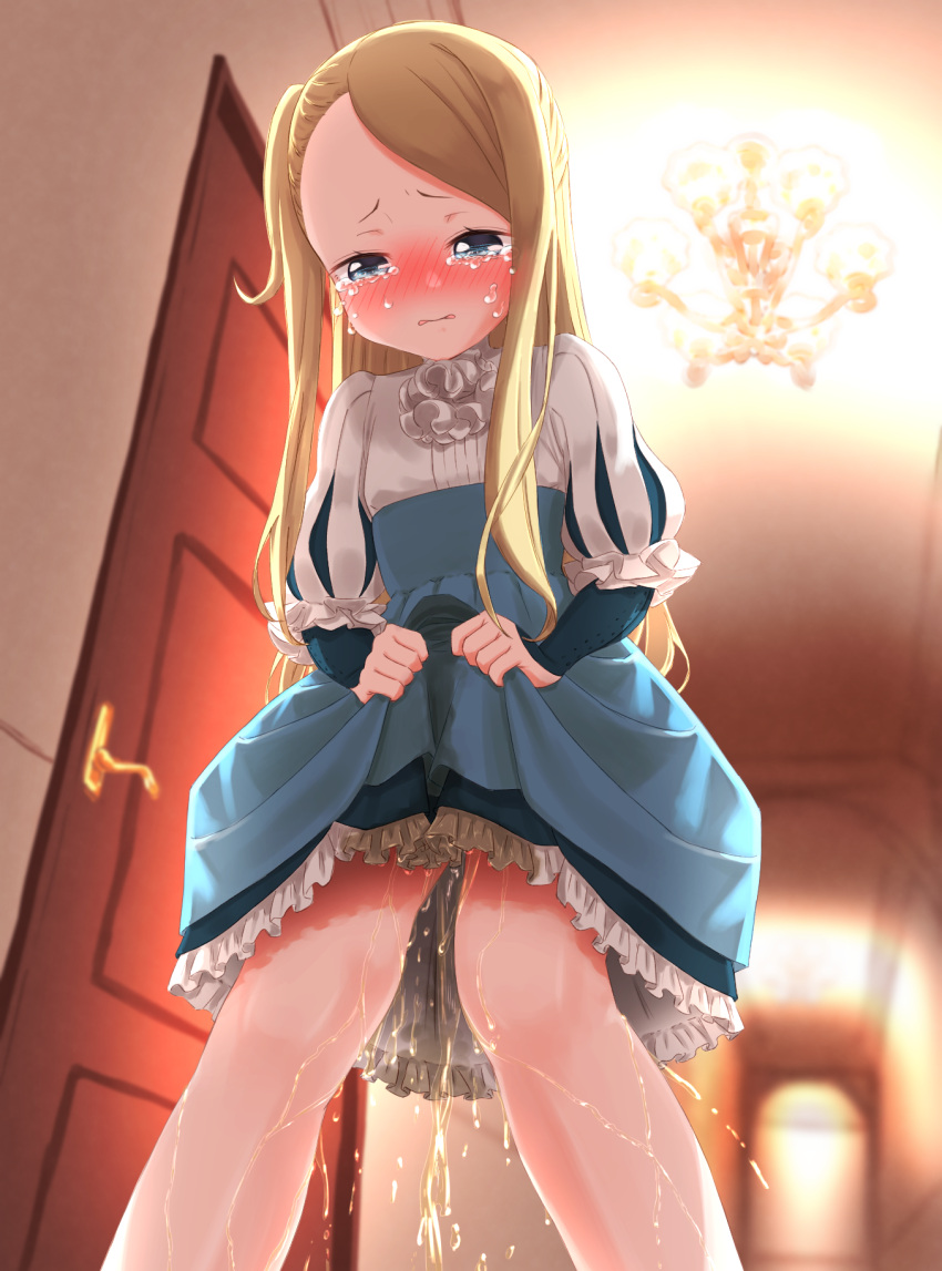1girl ascot backlighting blonde_hair blue_eyes blue_skirt blush chandelier clothes_lift commentary_request crying door embarrassed flat_chest frilled_skirt frills half-closed_eyes high-waist_skirt highres indoors layered_sleeves lifted_by_self long_hair looking_down mary_(princess_principal) nose_blush one_side_up pee peeing peeing_self princess_principal puffy_sleeves shinbu shirt sidelocks skirt skirt_lift solo standing tears wet wet_clothes white_ascot white_shirt