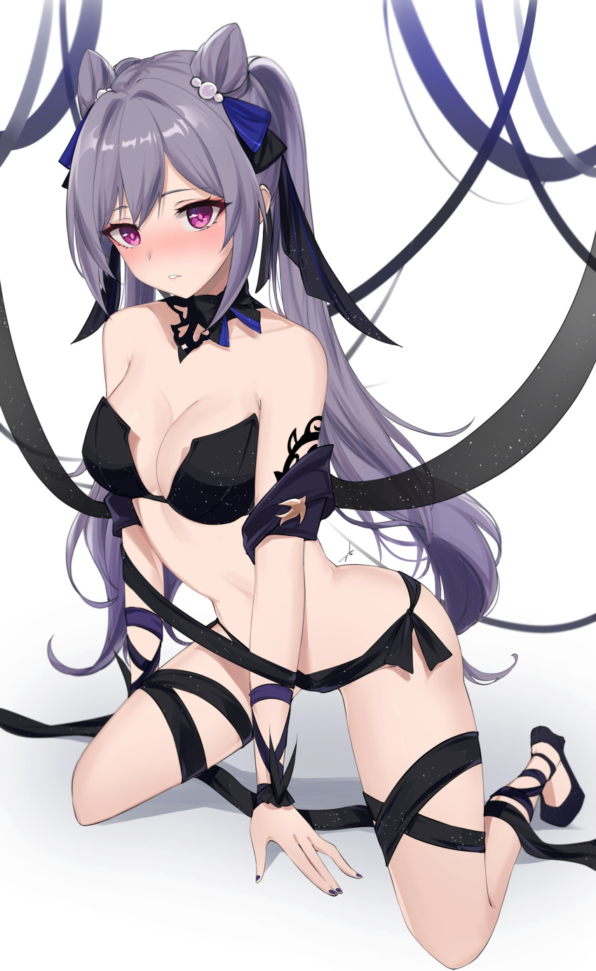 1girl absurdres bangs bare_shoulders bikini black_bikini black_nails black_ribbon blush bound breasts cleavage collarbone detached_collar english_commentary full_body genshin_impact hair_cones hair_ribbon high_heels highres keqing_(genshin_impact) kneeling long_hair medium_breasts parted_lips purple_eyes purple_hair ribbon ribbon_bondage solo sunny721 swimsuit twintails very_long_hair