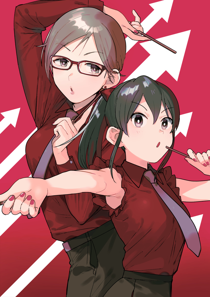 2girls absurdres aikawa_chinatsu armpits arrow_(symbol) black_hair glasses highres idolmaster idolmaster_cinderella_girls light_brown_hair multiple_girls necktie ooishi_izumi pants ponytail toyosaka