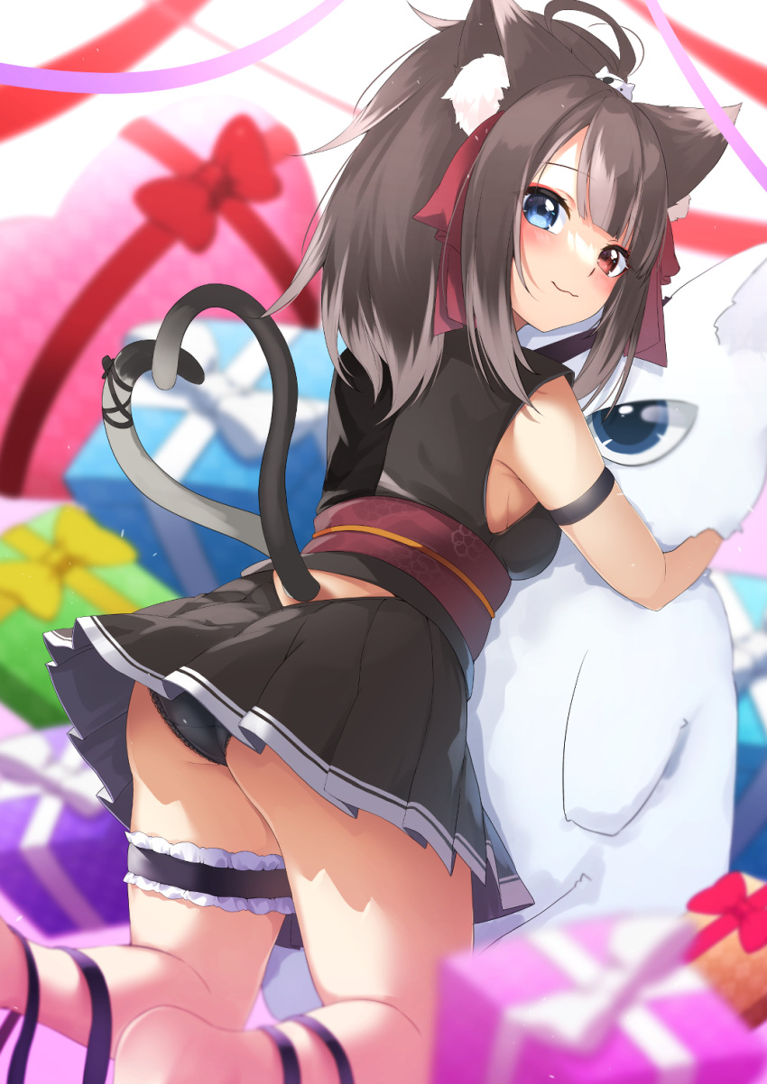 1girl ahoge animal_ear_fluff animal_ears ass bangs bare_shoulders barefoot black_hair black_panties black_shirt black_skirt blue_eyes blurry blurry_background blurry_foreground blush box cat_ears cat_girl cat_tail commentary_request depth_of_field enatsu eyebrows_visible_through_hair feet_out_of_frame from_behind gift gift_box grey_hair heterochromia highres indie_virtual_youtuber kneeling long_hair looking_at_viewer looking_back multicolored_hair multiple_tails nukota_natsuna obi panties pleated_skirt ponytail red_eyes sash shirt skirt sleeveless sleeveless_shirt solo streaked_hair stuffed_animal stuffed_cat stuffed_toy tail tail_through_clothes two_tails underwear virtual_youtuber