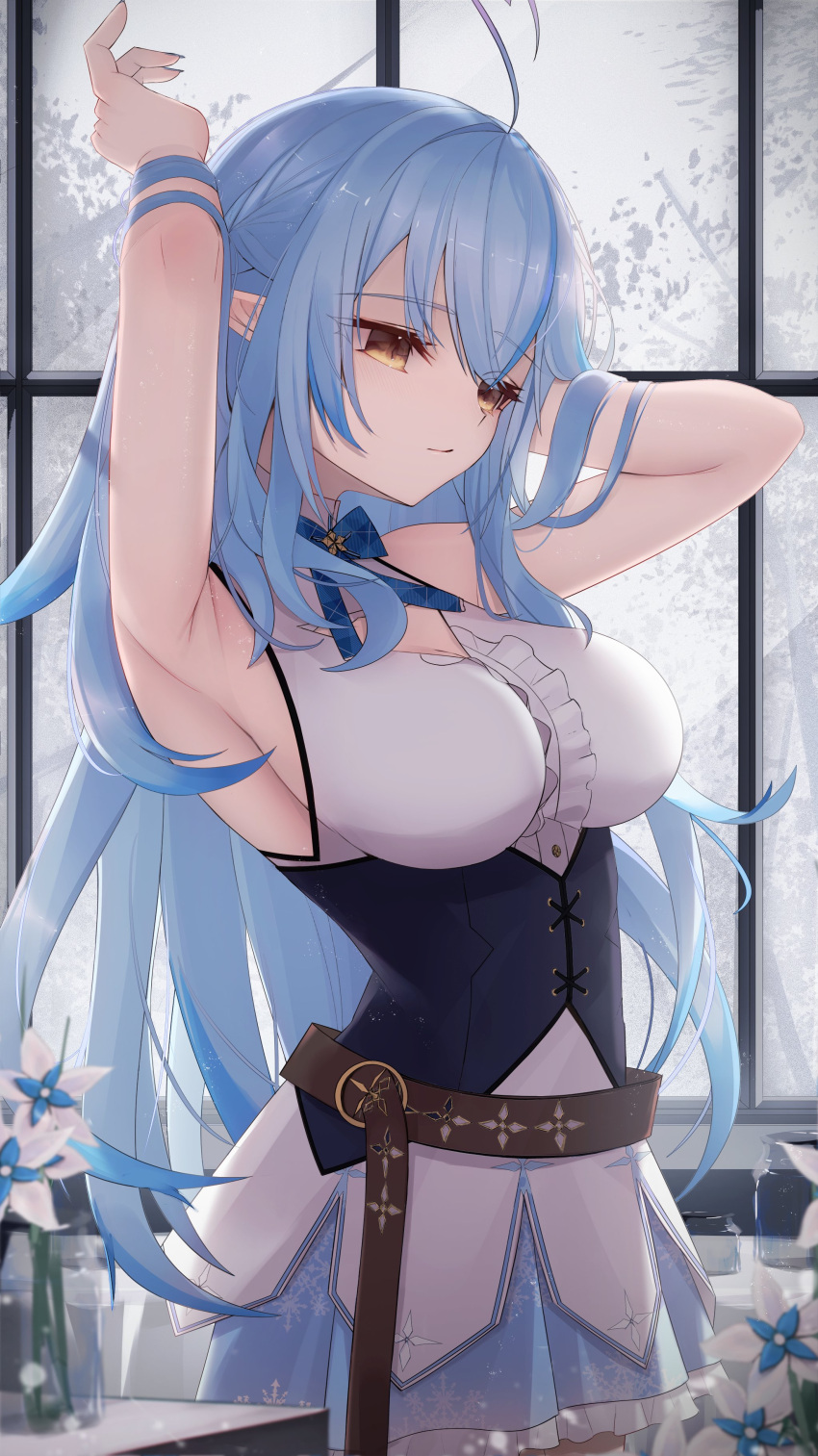 1girl absurdres ahoge armpits arms_up belt blue_bow blue_bowtie blue_hair blue_skirt bow bowtie breasts brown_eyes center_frills closed_mouth corset cowboy_shot elf expressionless flower frilled_shirt frilled_skirt frills hand_in_hair heart_ahoge highres hololive indoors large_breasts long_hair looking_away looking_to_the_side miniskirt pointy_ears print_skirt shirt skirt sleeveless sleeveless_shirt snowflake_print solo thomas_8000 underbust vase very_long_hair virtual_youtuber white_flower white_shirt window yukihana_lamy