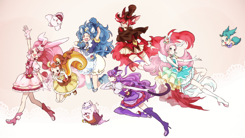 6+girls :d animal_ears arisugawa_himari bike_shorts bike_shorts_under_skirt blue_eyes blue_hair blue_jacket boots brown_cape brown_hair cape cat_ears cat_tail character_request closed_eyes commentary_request cure_chocolat cure_custard cure_gelato cure_macaron cure_parfait cure_whip dog_ears dog_tail dress earrings everyone eyelashes gradient gradient_background hair_ornament happy hat high_heel_boots high_heels jacket jewelry juliet_sleeves kenjou_akira kirahoshi_ciel kirakira_precure_a_la_mode kogecha kotozume_yukari long_hair long_sleeves magical_girl multicolored_hair multiple_girls open_mouth pink_dress pink_eyes pink_hair ponytail precure puffy_sleeves purple_dress purple_eyes purple_hair rabbit_ears red_eyes red_hair red_jacket short_hair shorts smile streaked_hair tail tategami_aoi thighhighs thighs top_hat twintails usami_ichika